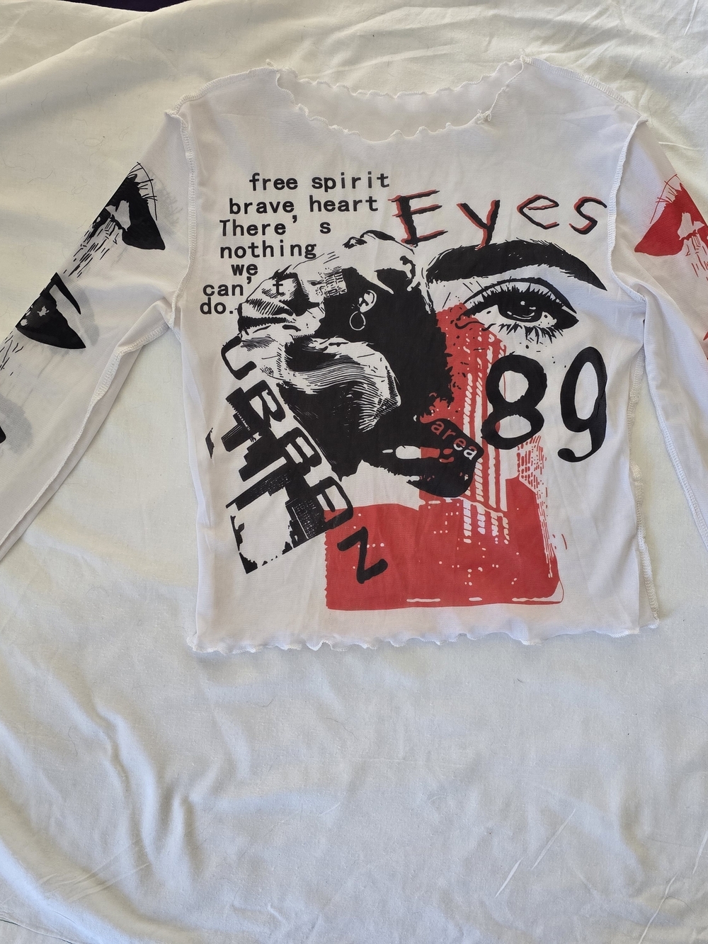 Graphic White Crop Top with Red & Black Print